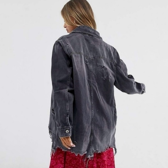 Free People Moonchild Distressed Denim Shirt Jacket Moon Dust Washed Black Small - Picture 3 of 16